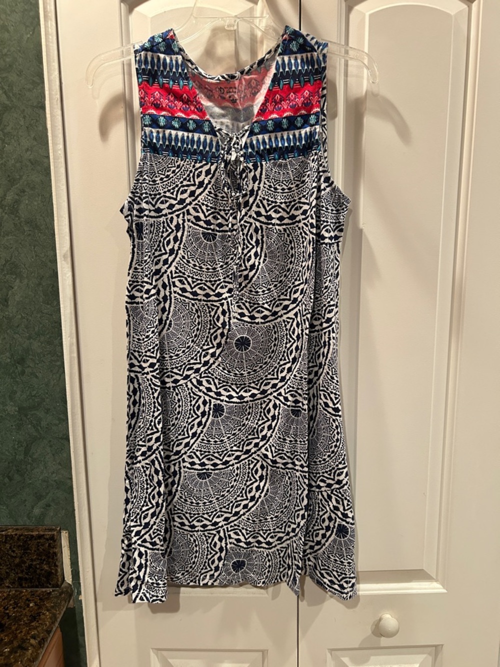 Sleeveless Navy & White Patterned Dress with Coral Accent
